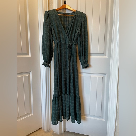 New Look Dark Green Plaid Wrap Midi Dress Long Sleeve Size 6 - Picture 3 of 8